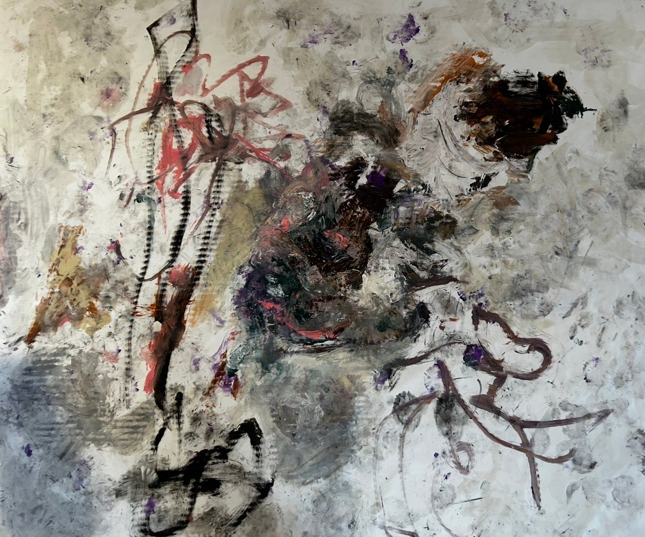 Abstract painting on linen with a pale worked ground, dense dark forms, red linear gestures and traces of violet.