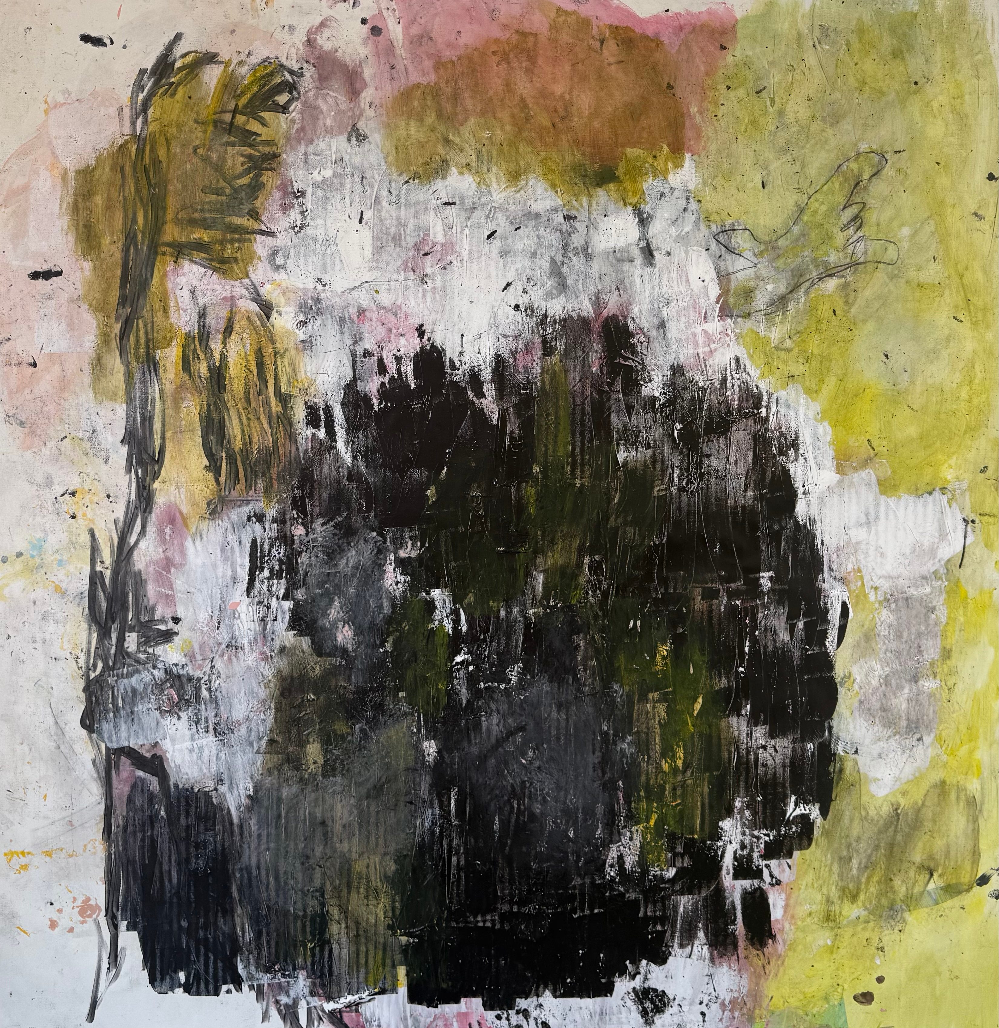 Large abstract painting on linen with dark central masses, pale pink and yellow-green fields, and gestural graphite-like lines.