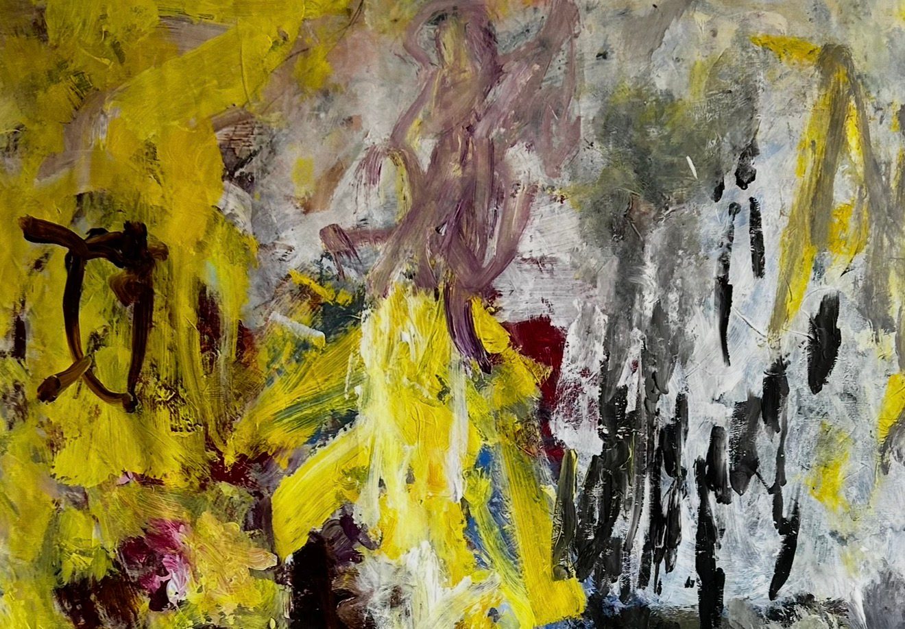 Abstract painting on linen dominated by yellow, white and grey, with mauve gestures and vertical black marks.